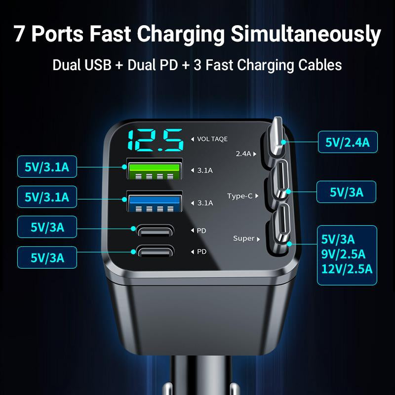 8-In-1 Car Fast Charger | 3 Retractable Cables, 180° Adjustable, LED Display