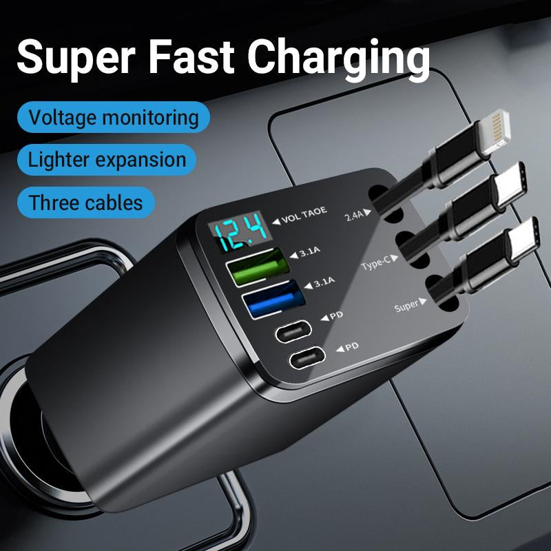 8-In-1 Car Fast Charger | 3 Retractable Cables, 180° Adjustable, LED Display