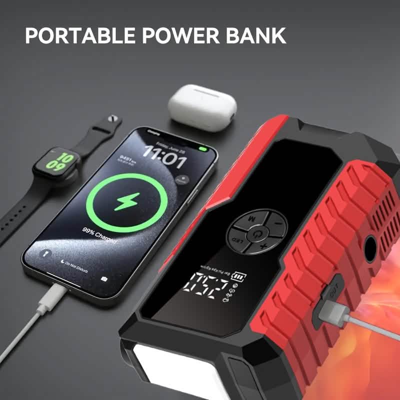 Portable 12V Car Jump Starter | Battery Charger & Air Pump with LED Display