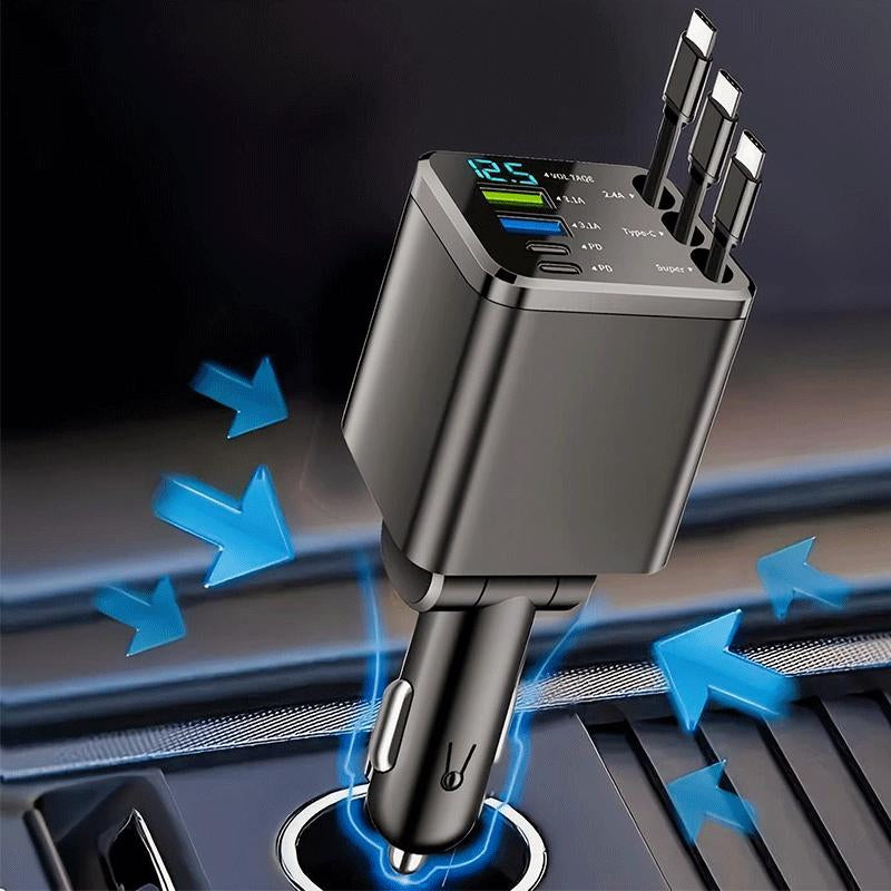 8-In-1 Car Fast Charger | 3 Retractable Cables, 180° Adjustable, LED Display