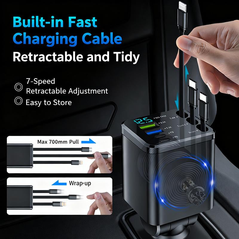 8-In-1 Car Fast Charger | 3 Retractable Cables, 180° Adjustable, LED Display