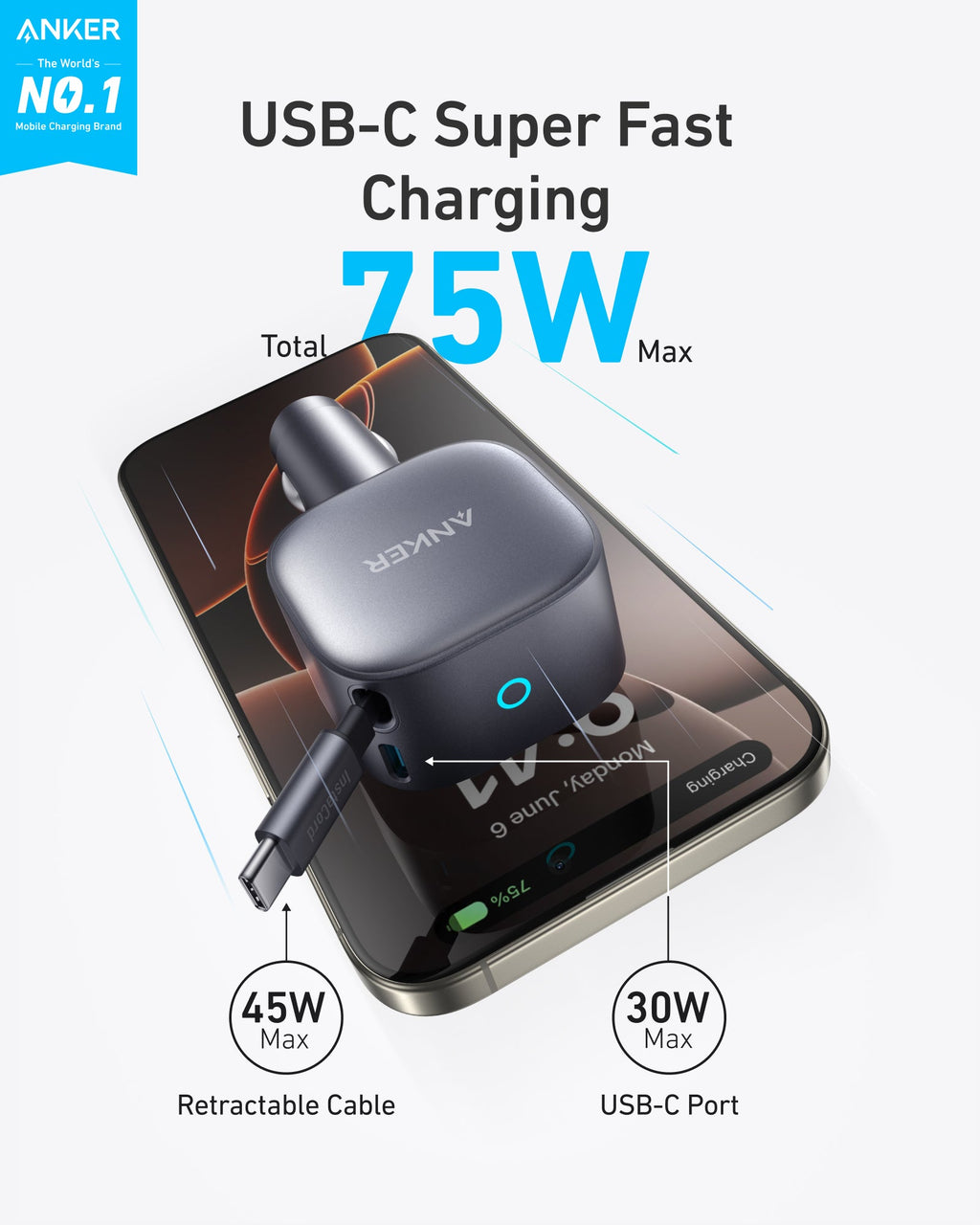 Anker Nano 75W Car Charger | Fast Charging for iPhone & USB-C Devices