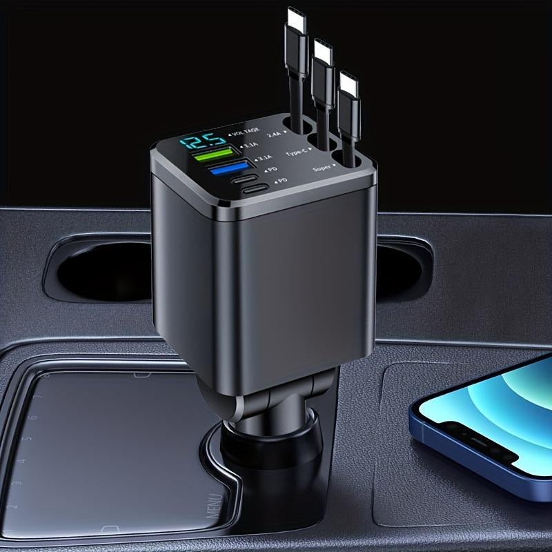 8-In-1 Car Fast Charger | 3 Retractable Cables, 180° Adjustable, LED Display