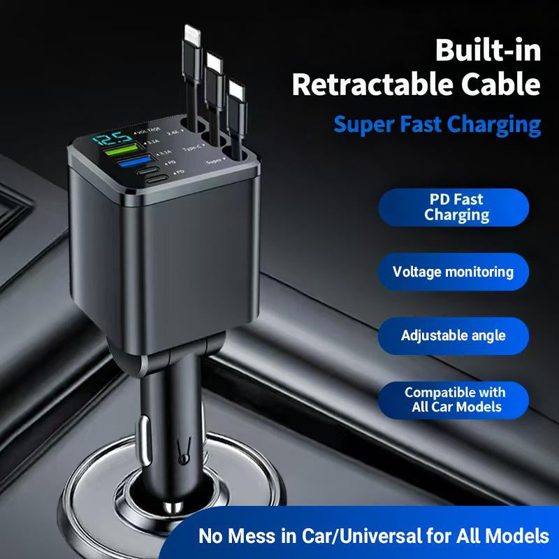 8-In-1 Car Fast Charger | 3 Retractable Cables, 180° Adjustable, LED Display