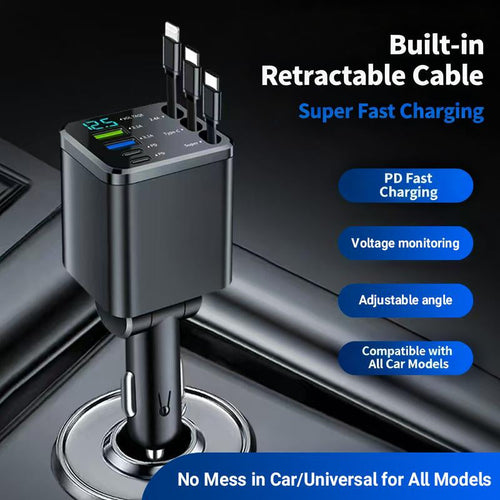 8-In-1 Car Fast Charger | 3 Retractable Cables, 180° Adjustable, LED Display